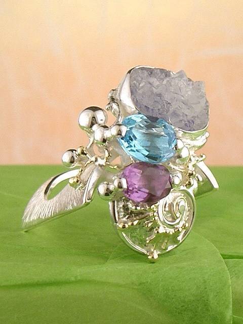 Bague Ancienne En Argent 925 Avec Tanzanite Violette - Taille 56 - Occasion